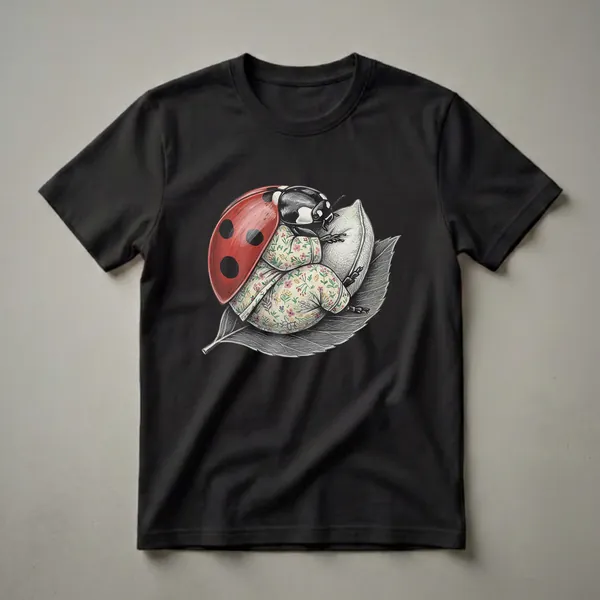A ladybug dressed in floral pajamas sleeps on a sketched leaf, rendered with detailed illustration. This graphic tee is suitable for women, men, and children.