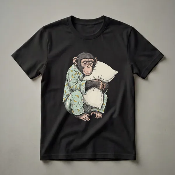 Light blue pajama t-shirt featuring a detailed illustration of a sleepy chimpanzee wearing banana and cloud print pajamas and holding a pillow.