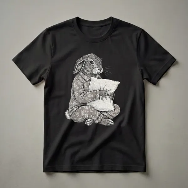 Grey graphic t-shirt featuring a black and white sketch of a rabbit wearing patterned pajamas and holding a pillow, sitting cross-legged.