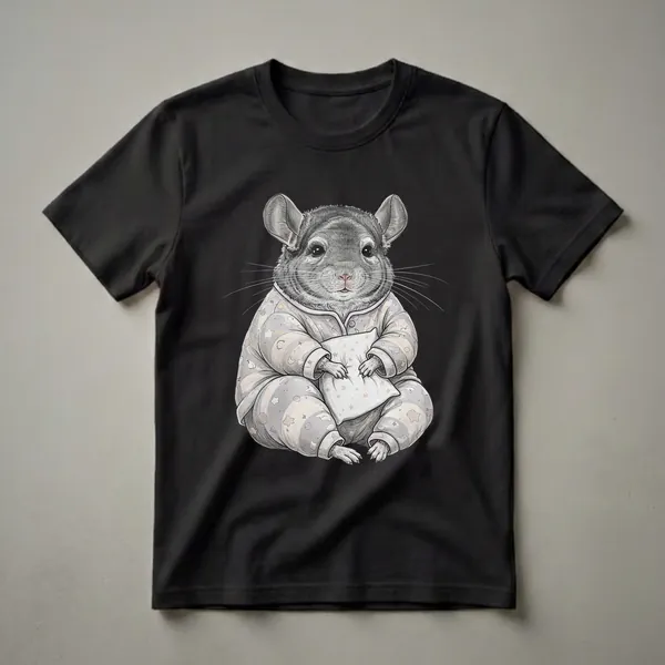A black and white sketch-style illustration of a chinchilla wearing grey pajamas with stars and moons, holding a pillow, on a black background.