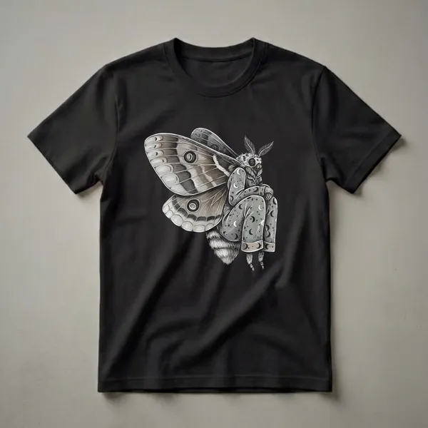 A graphic t-shirt featuring a detailed illustration of a moth wearing grey pajamas with a moon and star pattern, sitting with its wings spread.