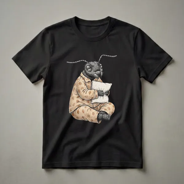 A graphic t-shirt featuring a black ant wearing tan pajamas with a leaf pattern, sitting and hugging a white pillow with a sleepy expression.