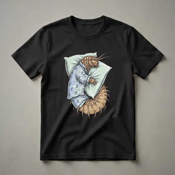 A light blue t-shirt featuring a humorous illustration of a sleeping centipede wearing pajamas and resting on two light green pillows, with a black background.