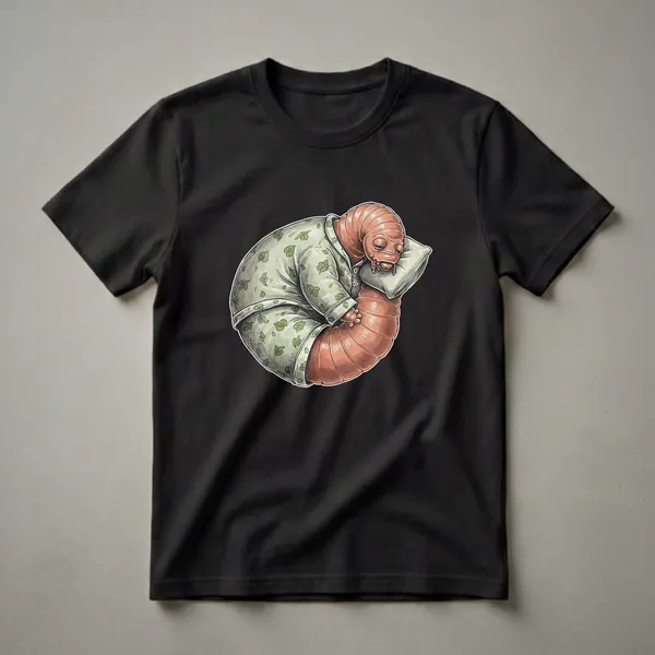 A graphic t-shirt featuring a cartoon earthworm wearing green leaf-patterned pajamas and sleeping soundly on a light green pillow, with a detailed, illustrative style.