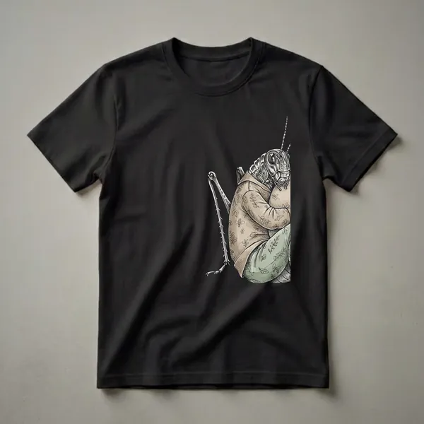 A black t-shirt featuring a detailed illustration of a sleepy grasshopper wearing a light brown pajama top with a leaf and insect pattern and light green pajama bottoms.