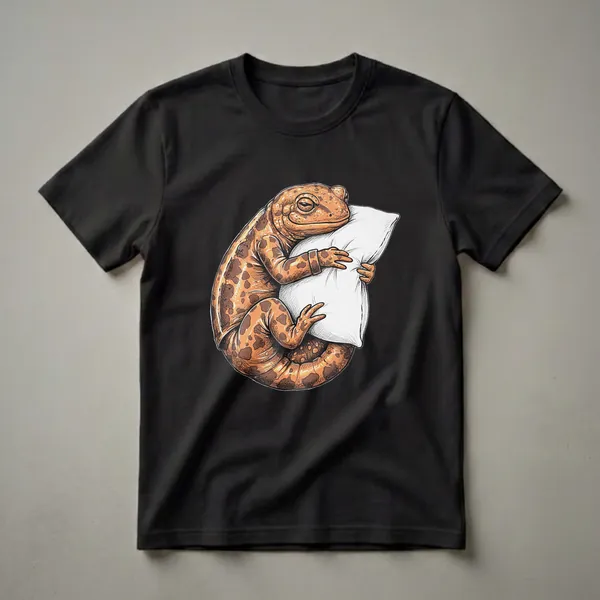 Orange and brown spotted salamander wearing pajamas and hugging a white pillow, depicted in a humorous, sleepy pose against a black background.