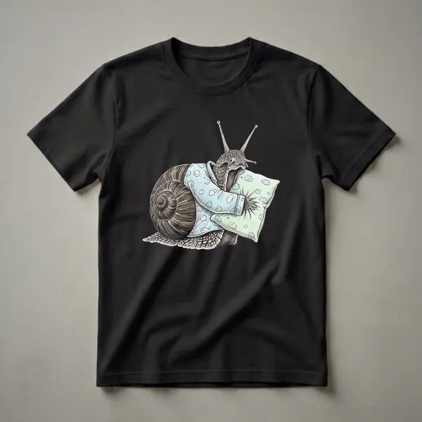 A graphic t-shirt featuring a detailed illustration of a garden snail wearing blue cloud-print pajamas and hugging a mint green pillow.