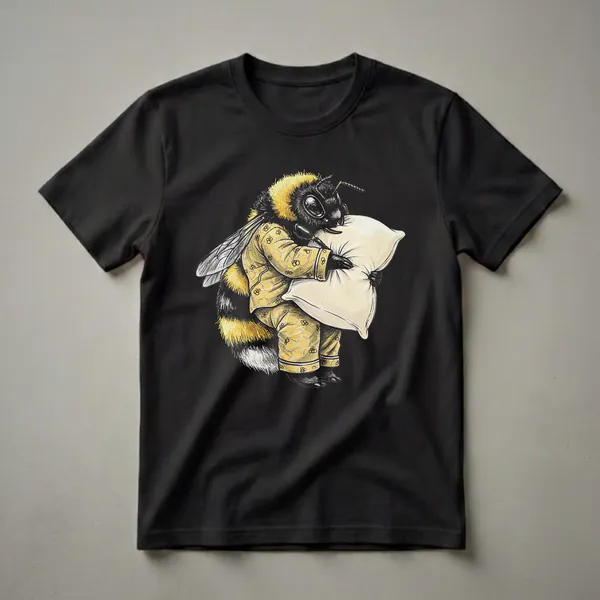 A black and yellow bumblebee wearing yellow honeycomb-patterned pajamas and holding a cream pillow, depicted on a black background.