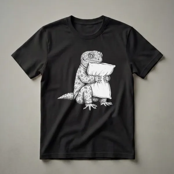 Black and white graphic t-shirt featuring a gecko wearing pajamas and hugging a pillow, with a leaf and dot pattern on the pajamas.