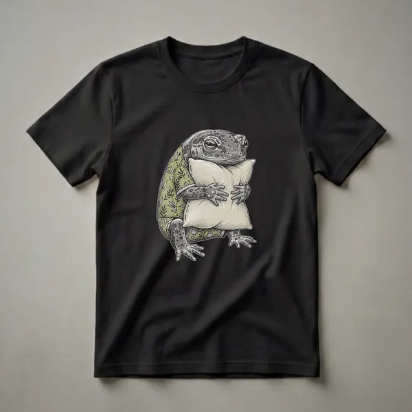 A detailed illustration of a grey and green toad wearing a green floral pajama set and cap, hugging a light beige pillow, set against a black background.