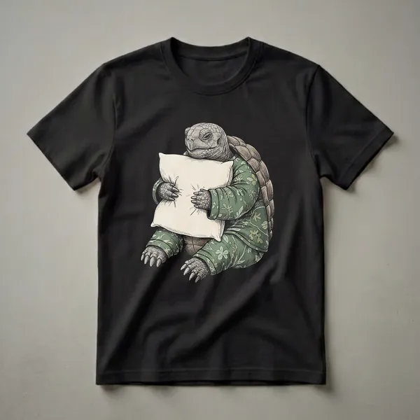 A graphic t-shirt featuring a detailed illustration of a sleepy tortoise wearing green floral pajamas and hugging a light-colored pillow against a black background.