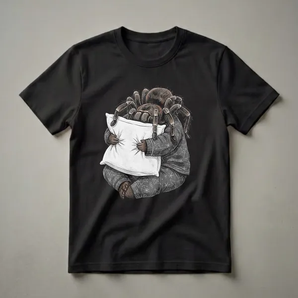 A detailed illustration of a tarantula wearing dark grey pajamas with white spiderweb patterns, hugging a white pillow. The tarantula has brown and black coloring and is depicted against a black background.