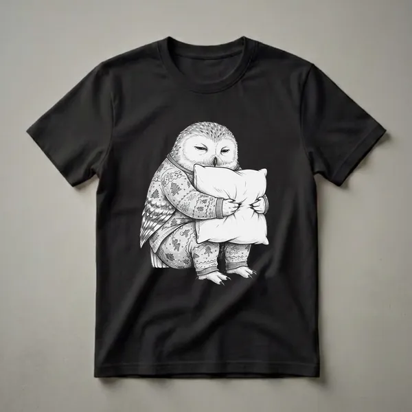 Black and white graphic t-shirt featuring a sleepy snowy owl wearing pajamas patterned with Christmas trees and snowflakes, hugging a white pillow.