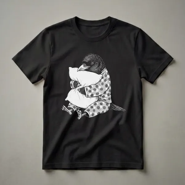Black and white graphic t-shirt featuring a sleepy magpie wearing polka dot pajamas and hugging a pillow, with its claws visible.