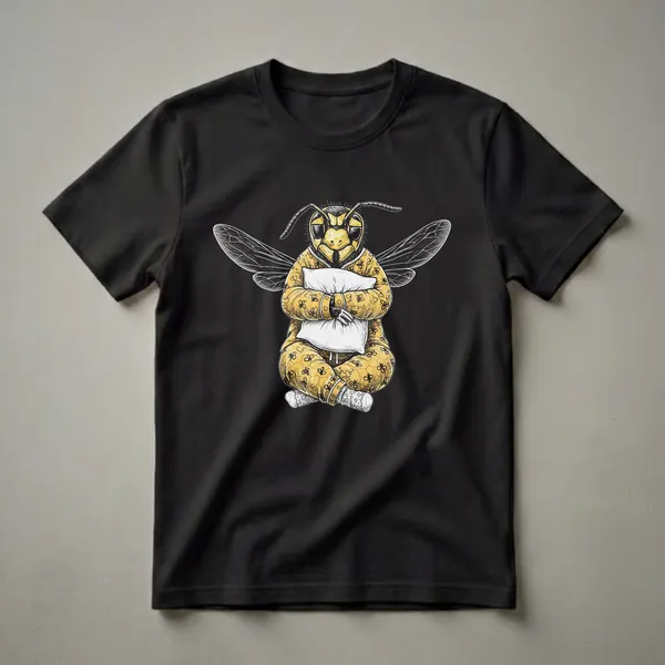 Black t-shirt featuring a detailed illustration of a yellow wasp wearing yellow floral pajamas and holding a white pillow, with its wings spread.