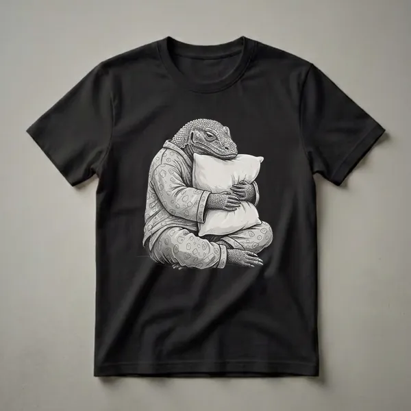 Black and white illustration of a Komodo dragon wearing polka-dot pajamas and hugging a pillow, ready for sleep.