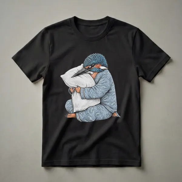 Blue and orange kingfisher bird wearing blue pajamas with fish patterns, hugging a white pillow, on a black background.