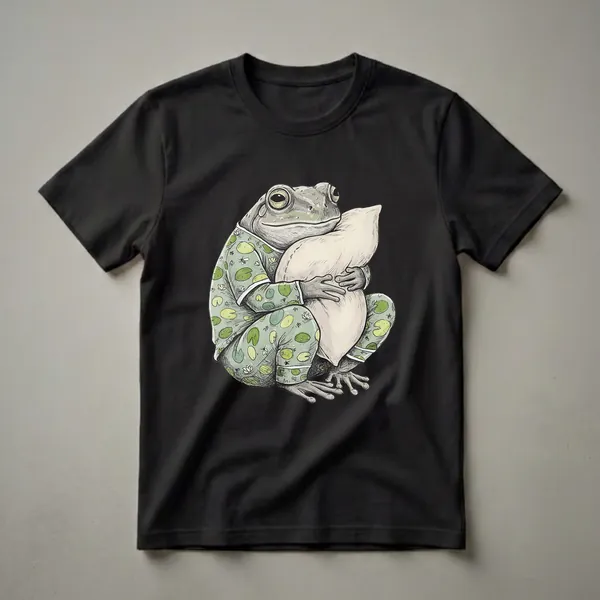 Light green pajama t-shirt featuring a detailed illustration of a sleepy frog wearing matching pajamas and hugging a pillow, with a pattern of lily pads and dragonflies.