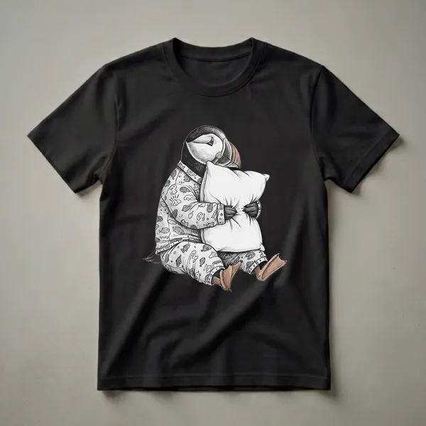 A black and white illustration of an Atlantic Puffin wearing patterned pajamas and holding a white pillow, with its colorful beak visible. The pajama pattern includes simple drawings of fish, clouds, and happy faces.