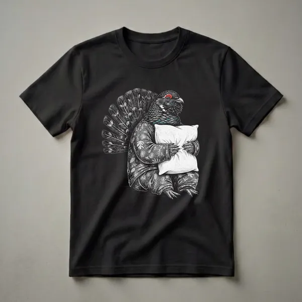 Black and white graphic t-shirt featuring a grouse wearing patterned pajamas and holding a pillow, with its tail feathers spread.