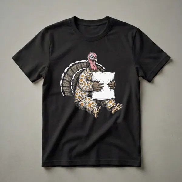 White graphic t-shirt featuring a cartoon turkey wearing pajamas with pumpkins and leaves, holding a pillow, with its eyes closed.