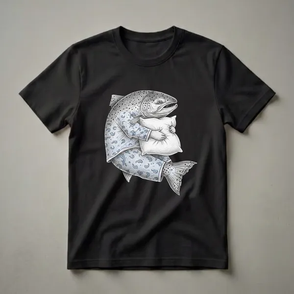 A black and white sketch of a salmon wearing blue pajamas with moon and question mark patterns, hugging a white pillow, on a black background.