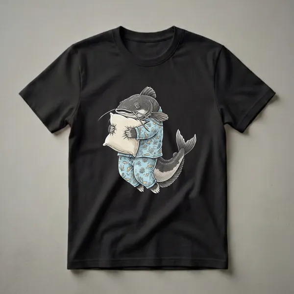 A grey catfish wearing light blue pajamas with fish patterns, holding a beige pillow, depicted in a vintage illustration style on a black background.