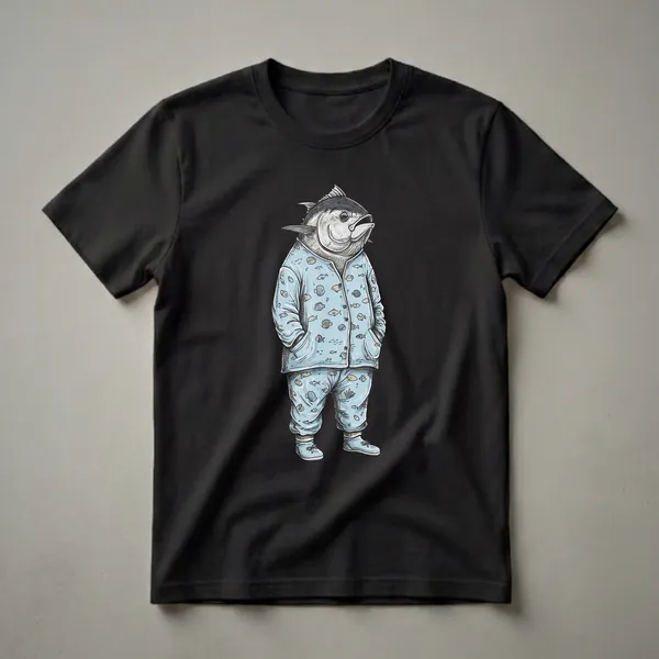 Light blue graphic t-shirt featuring a cartoon tuna fish wearing pajamas with a pattern of fish and seashells, on a black background.
