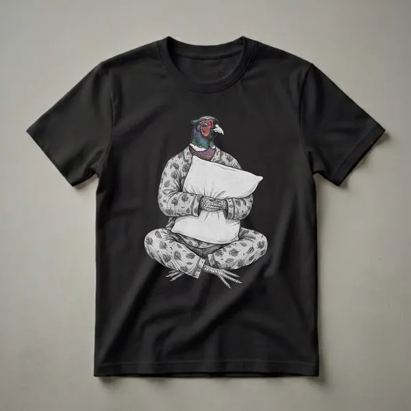 A black and white graphic t-shirt featuring a detailed illustration of a pheasant wearing patterned pajamas and holding a pillow, set against a black background.