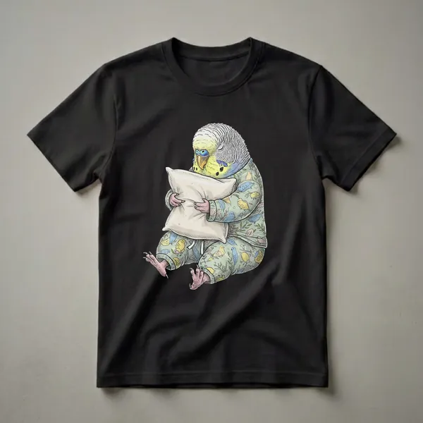 A light green t-shirt featuring a cartoon budgerigar wearing pajamas and hugging a pillow, with a pattern of small birds and leaves on the pajamas.