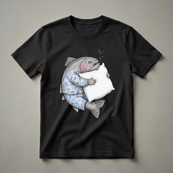 A graphic t-shirt featuring a whimsical illustration of a rainbow trout wearing blue pajamas with sea creature patterns, hugging a white pillow, with bubbles rising.