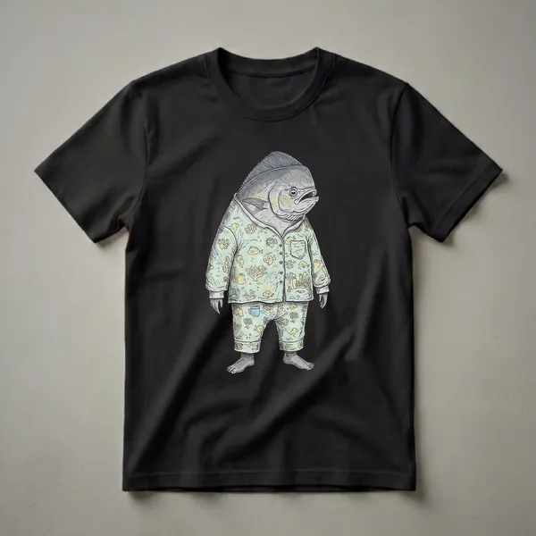 Mint green t-shirt with a cartoon Mahi Mahi fish wearing pajamas, featuring a pattern of smaller fish and coral. The fish has a sleepy expression.