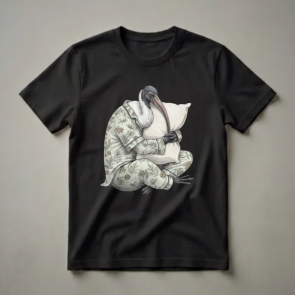 A graphic t-shirt featuring an illustration of a sleepy ibis bird wearing a botanical print pajama set and hugging a pillow against a black background.