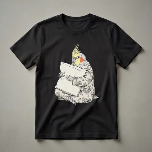 A sketch-style graphic of a yellow and grey cockatoo bird wearing light-colored pajamas with a leaf pattern, holding a cream-colored pillow. The bird has orange cheek patches and a raised crest.