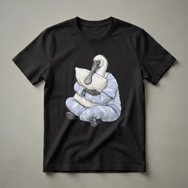A white spoonbill bird wearing blue cloud-patterned pajamas, sitting cross-legged and hugging a white pillow, against a black background.