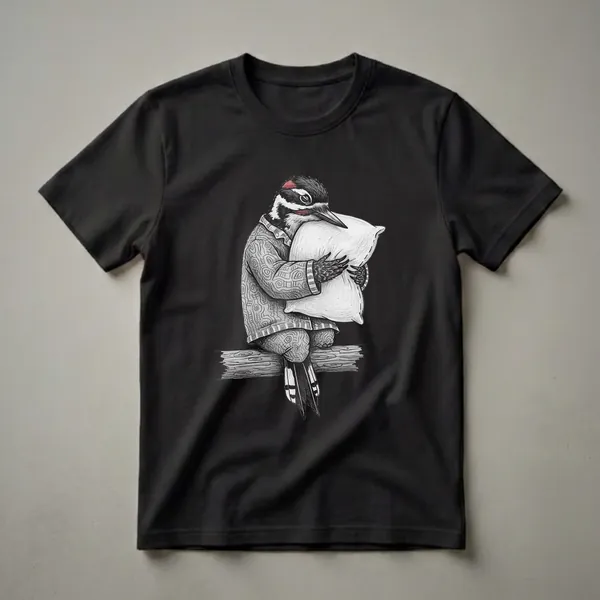 A black and white sketch of a sleepy woodpecker bird wearing patterned pajamas and hugging a pillow, sitting on a wooden branch, on a black background.