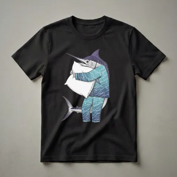 Blue and purple marlin wearing blue wave-patterned pajamas and hugging a white pillow, depicted in a stylized illustration on a black background.