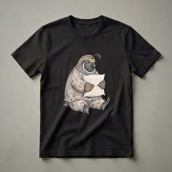 A graphic t-shirt featuring a cartoon quail wearing pajamas and holding a pillow, rendered in a sketchy watercolor style with a botanical print on the pajamas.