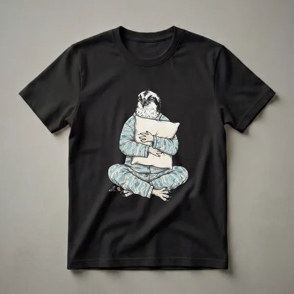 Light blue pajama t-shirt featuring a black and white sketch of a sleepy osprey bird wearing pajamas and holding two pillows, seated cross-legged.