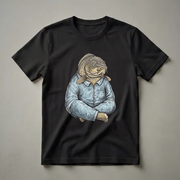 A graphic t-shirt featuring a detailed illustration of a common carp fish wearing light blue pajamas with a white swirling pattern, sitting cross-legged against a black background.