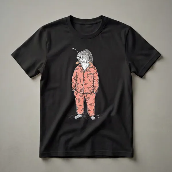 Coral red t-shirt with a black graphic of a redfish wearing pajamas with a fish pattern, standing with hands in pockets and Zzz symbols above its head.