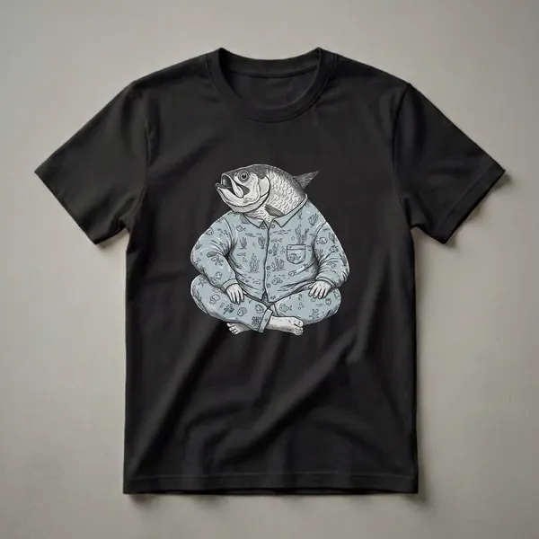 Light blue t-shirt with a black background graphic of a tarpon fish wearing pajamas and meditating, surrounded by a pattern of sea creatures and seaweed.