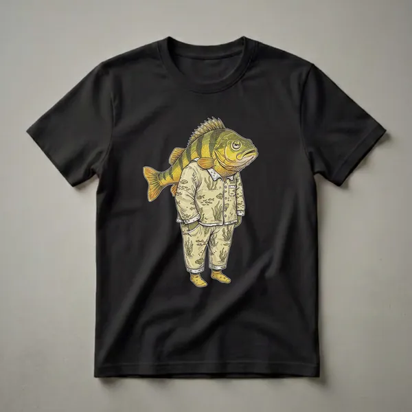 A graphic t-shirt featuring a cartoon yellow perch fish wearing yellow pajamas with a fish and plant pattern, and yellow socks, set against a black background.