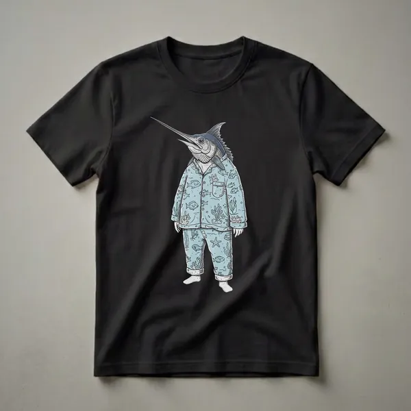 Light blue t-shirt featuring a cartoon swordfish wearing pajamas with a pattern of fish, coral, and starfish.