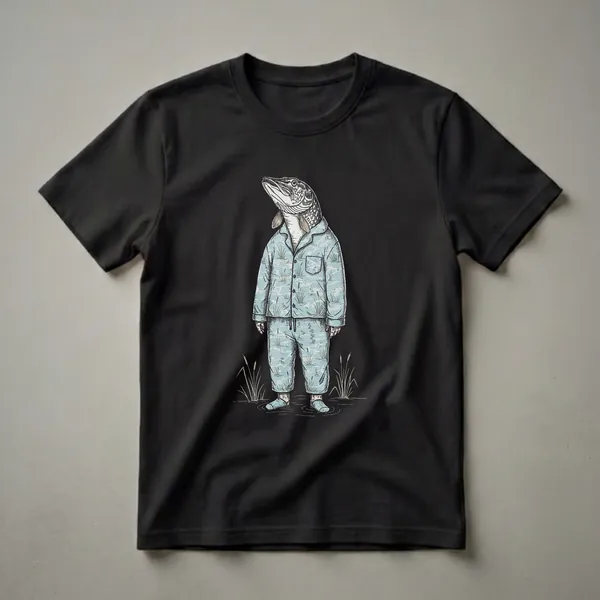 Light blue t-shirt featuring a northern pike wearing pajamas with a water and cattail pattern, standing in shallow water.