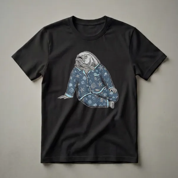 Navy blue t-shirt featuring a detailed sketch illustration of a sleepy halibut fish wearing blue pajamas with a pattern of seashells, starfish, and coral.