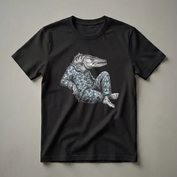 Black graphic t-shirt featuring a detailed illustration of a barracuda fish wearing blue and green scale-patterned pajamas, sitting cross-legged against a black background.