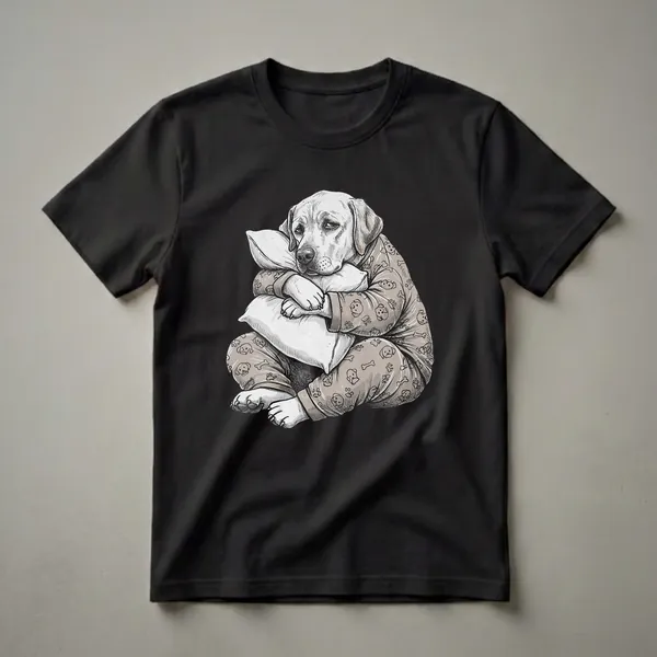 A sketch-style graphic t-shirt featuring a sleepy Labrador Retriever dog wearing pajamas and hugging a pillow, with a pattern of paw prints and bones on the pajamas.