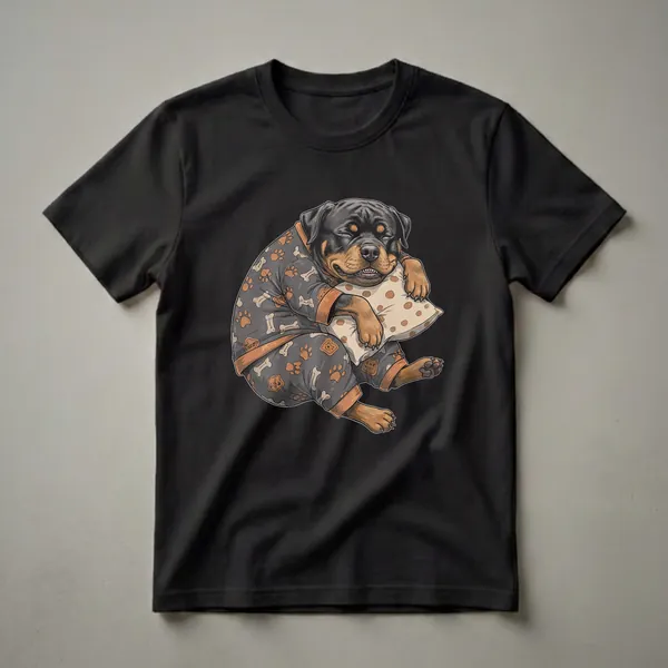 Grey t-shirt with a cartoon illustration of a sleepy Rottweiler dog wearing grey pajamas with paw prints and bones, resting on a polka-dot pillow.