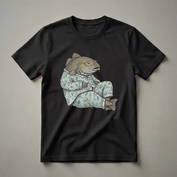 Light blue t-shirt with a graphic of a cod fish wearing light blue pajamas with a marine life pattern, sitting down.